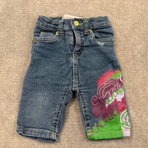 ECKO RED Denim Baby Girl Graffiti Printed Blue Jeans Size 12M Gold Buttons